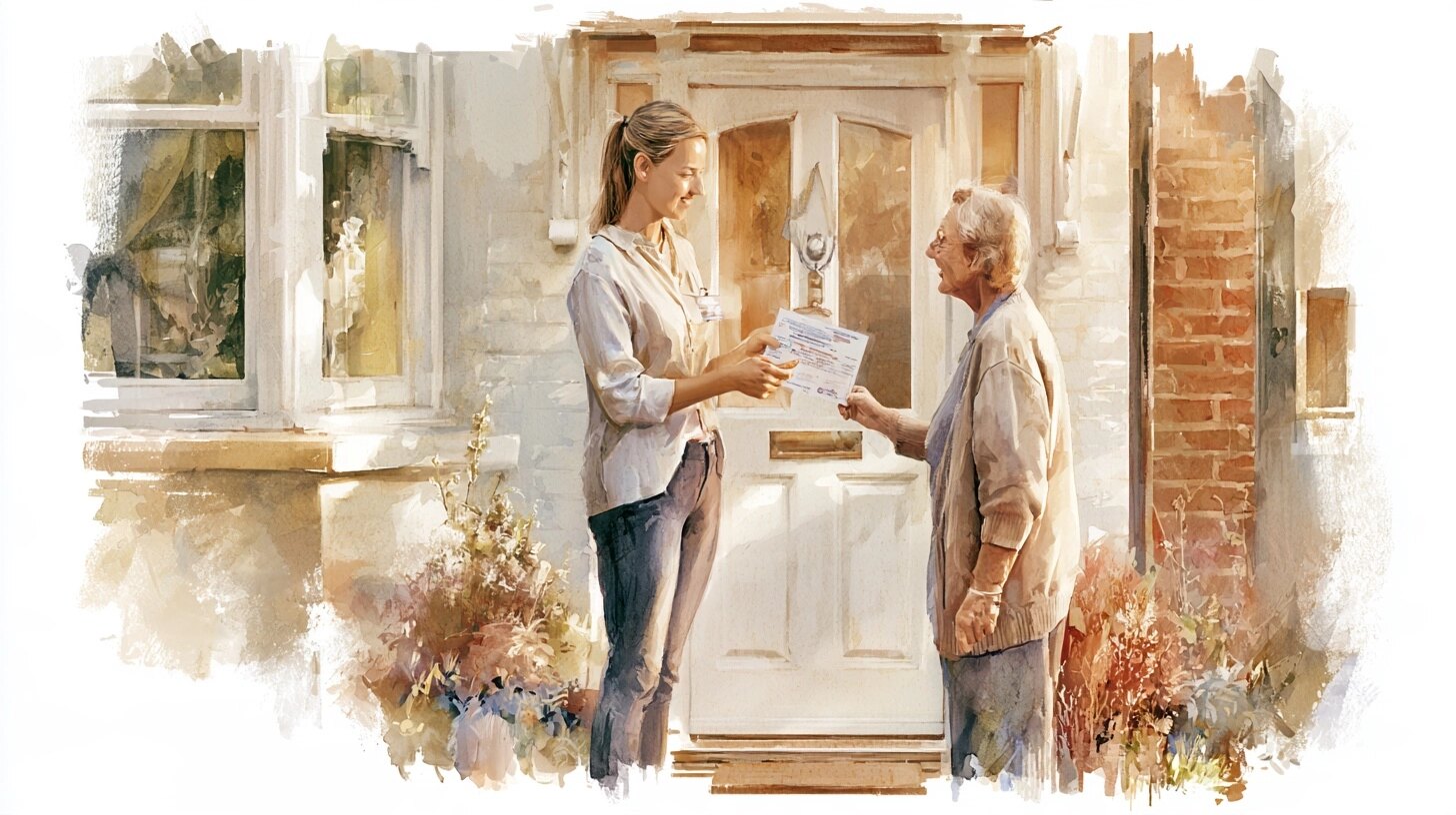 A carer showing an ID card and a certificate to an elderly woman on her doorstep, in a front door