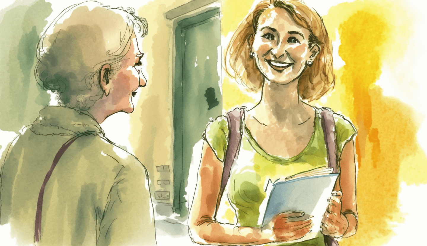 An older woman greeting a carer with a folder under her arm at the front door
