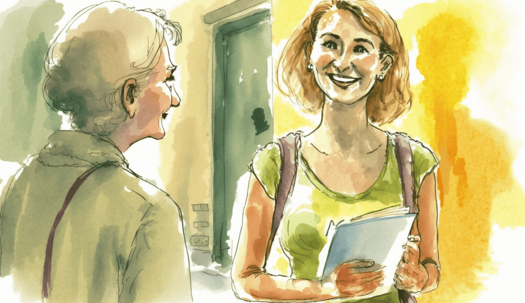 A carer smiling and talking with an older woman on her doorstep, holding a folder of notes