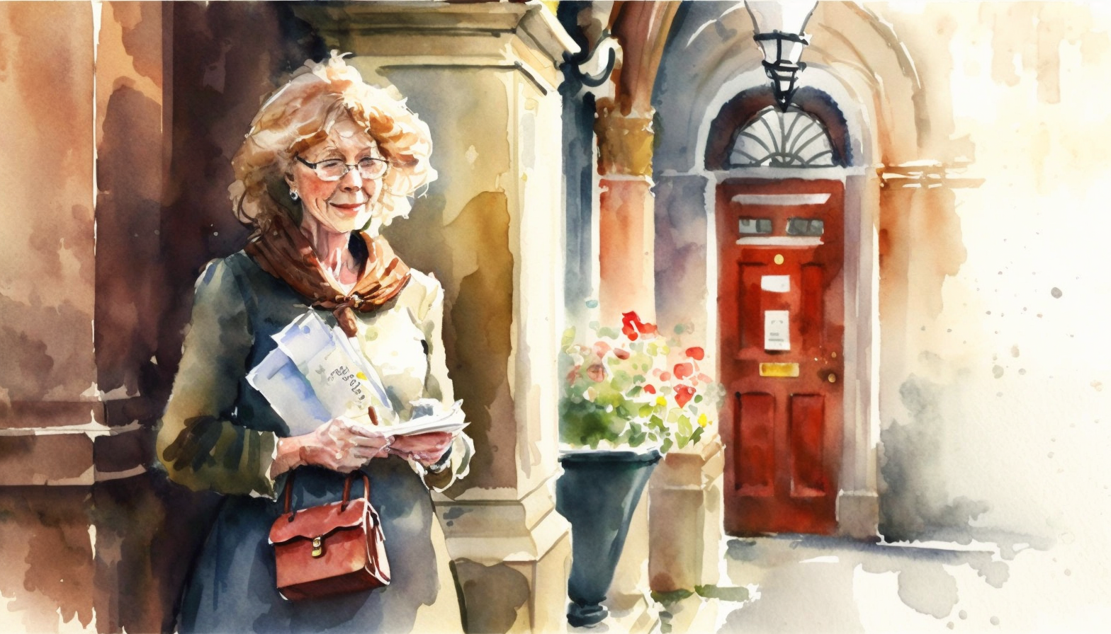 A woman standing outside a front door, looking through paperwork about a carer