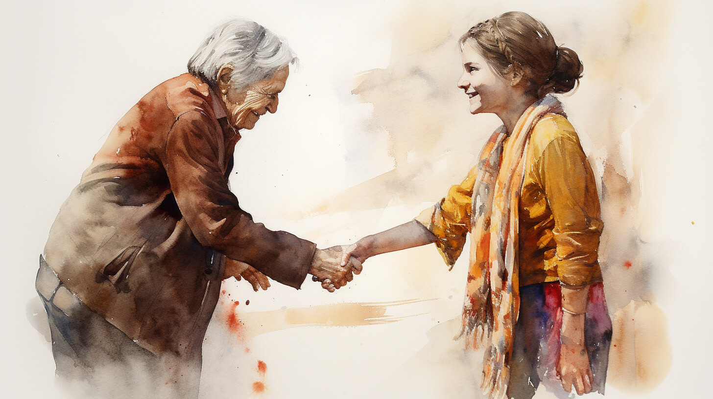 A daughter and her elderly father shaking hands warmly in greeting