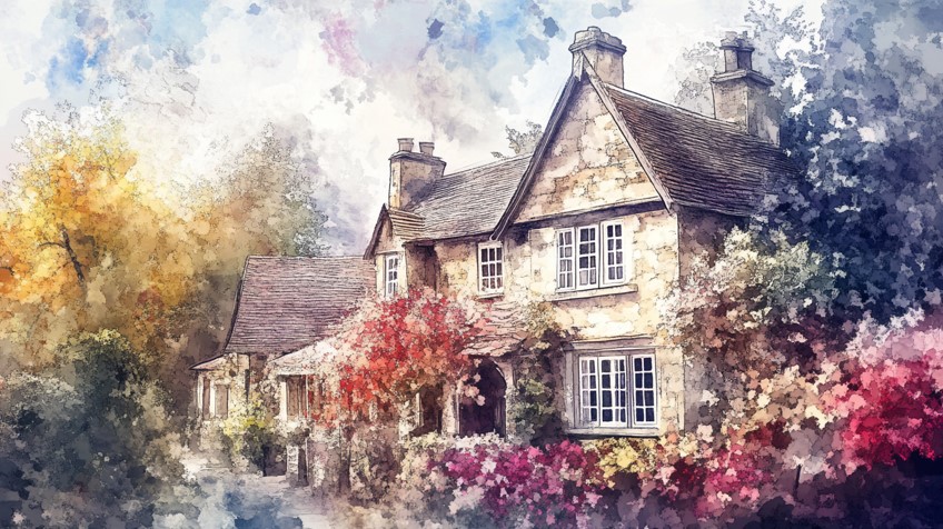 A watercolour of a stone cottage with a garden, the kind of home a family adapts around a parent's care