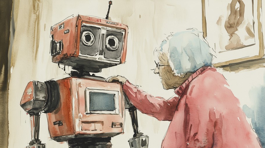 A watercolour of an older woman resting her hand on a boxy, retro-style home robot, looking into its screen face