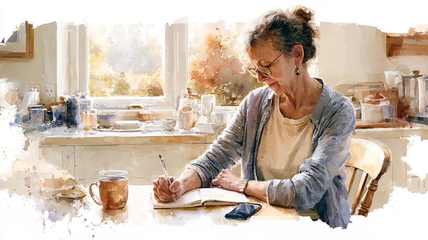 A woman at a kitchen table writing in a notebook, her phone beside her, in late evening light