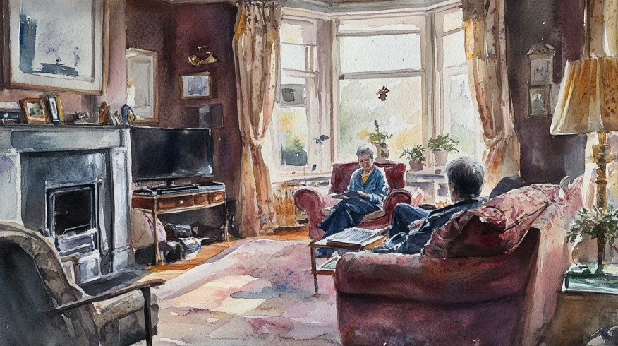 A woman sitting in an armchair talking with a visitor in her front room, while her husband sits nearby on the sofa