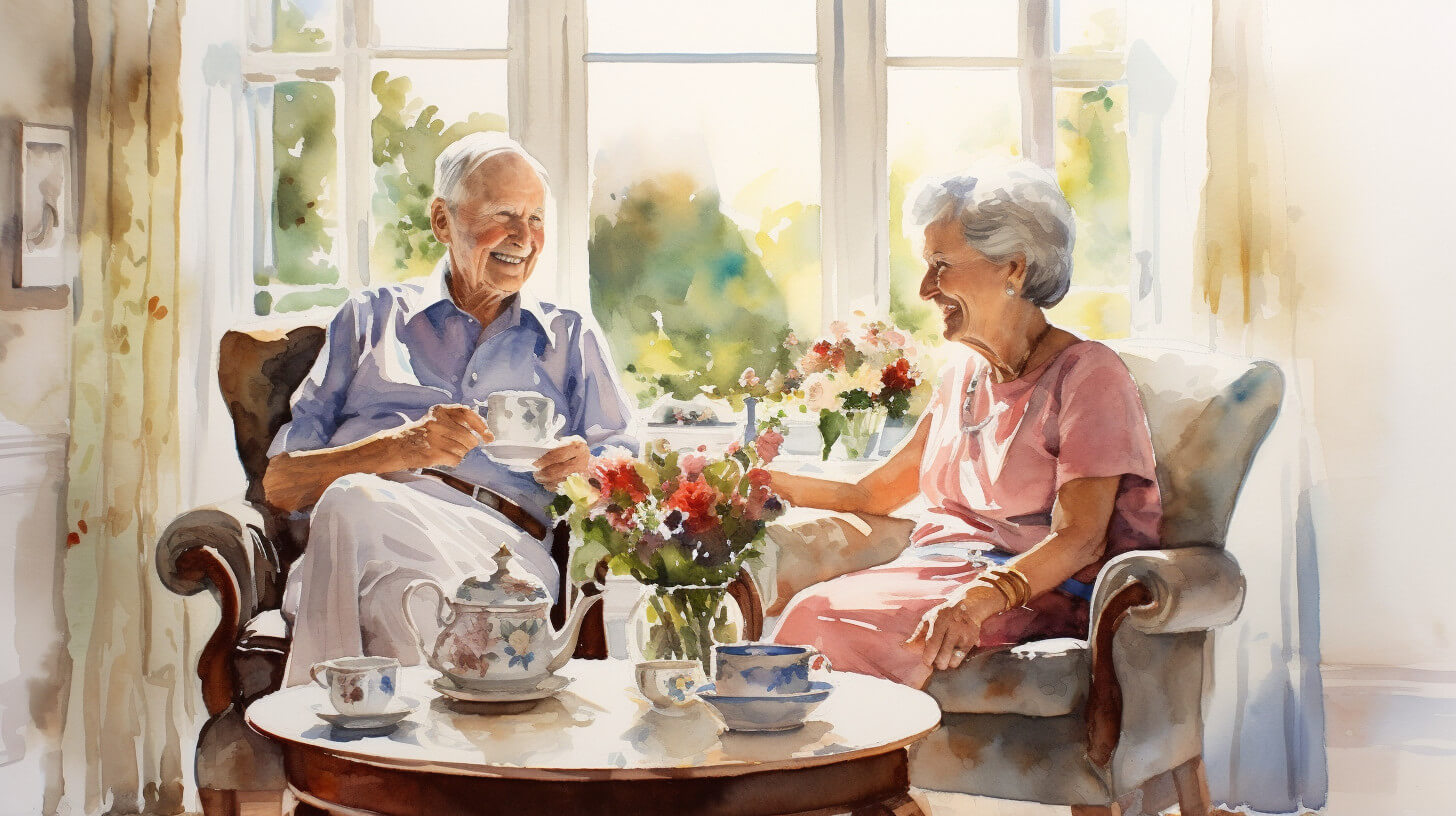 An older couple sitting together over tea in a sunlit room, laughing