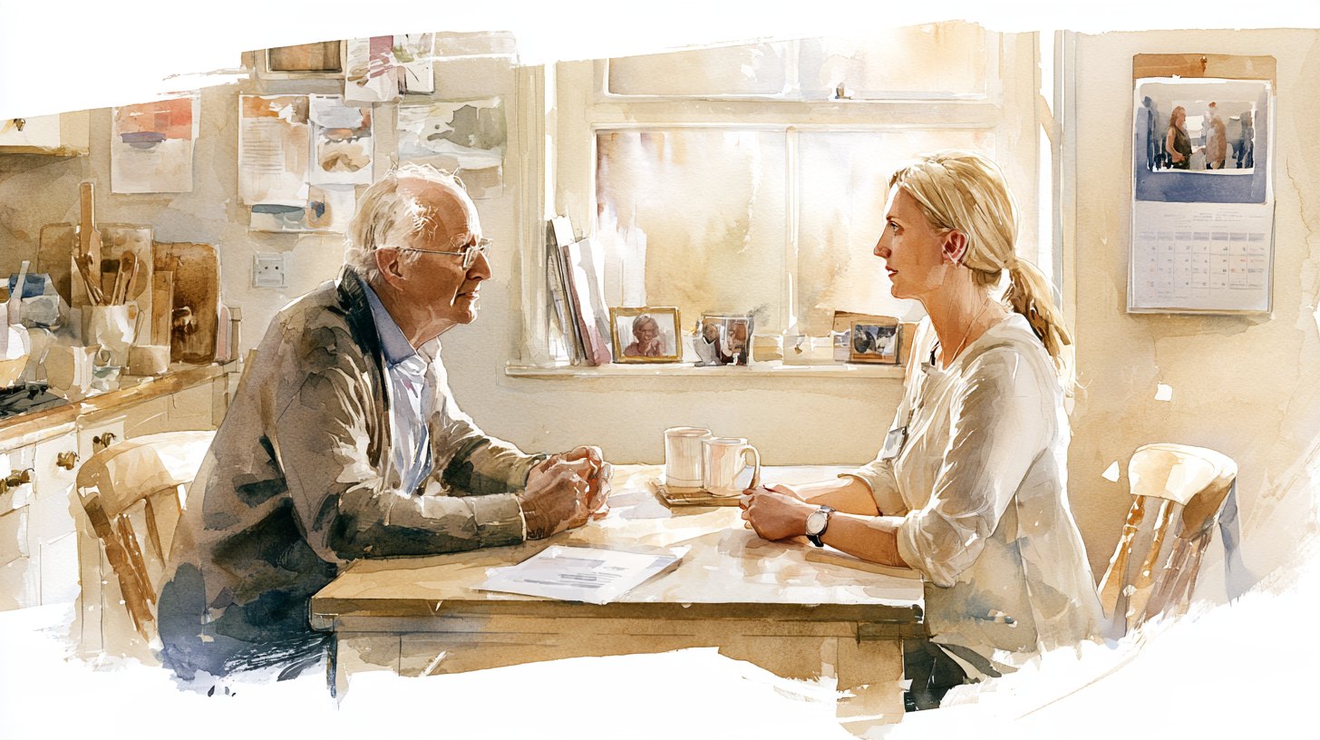 An elderly man and a carer sitting across a kitchen table having a calm conversation, a letter between them and a calendar on the wall