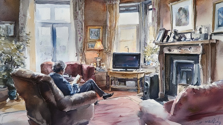 A man reading calmly in a tidy, well organised sitting room