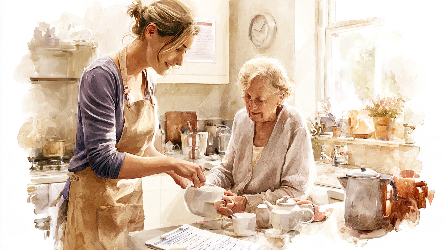 A carer and an elderly woman making tea together in a small kitchen on a sunny first morning, a handwritten notes sheet on the counter