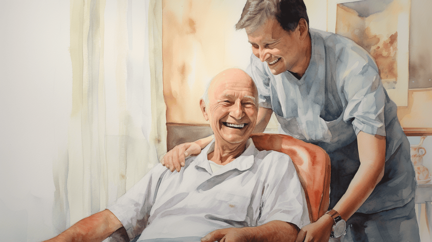 A carer standing behind an older man's armchair, hand on his shoulder, both laughing together