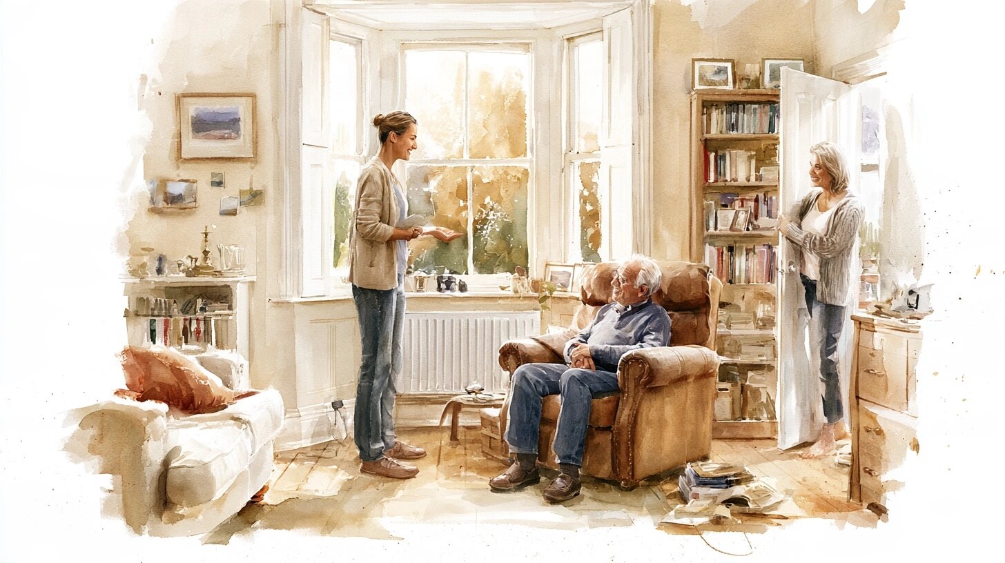 A private carer arriving and greeting an elderly man in his armchair, his daughter by the door, in a living room