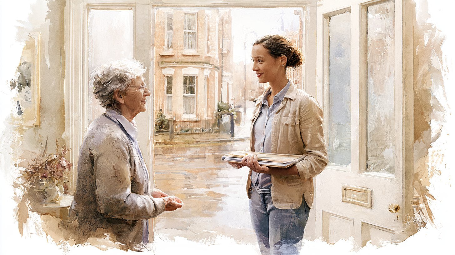 An elderly woman at her front door welcoming a new carer holding a folder, a wet street behind