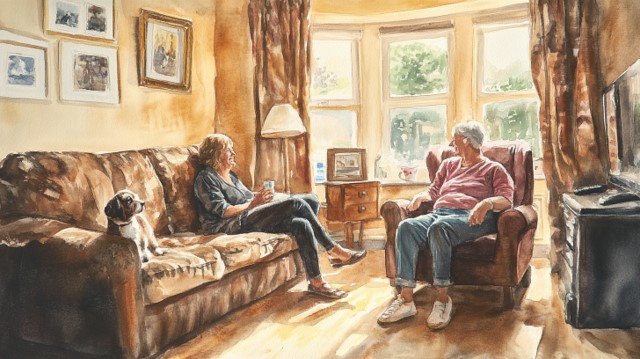 A carer sitting on the sofa with a dog beside her, talking with an older man in his armchair in a sunlit sitting room