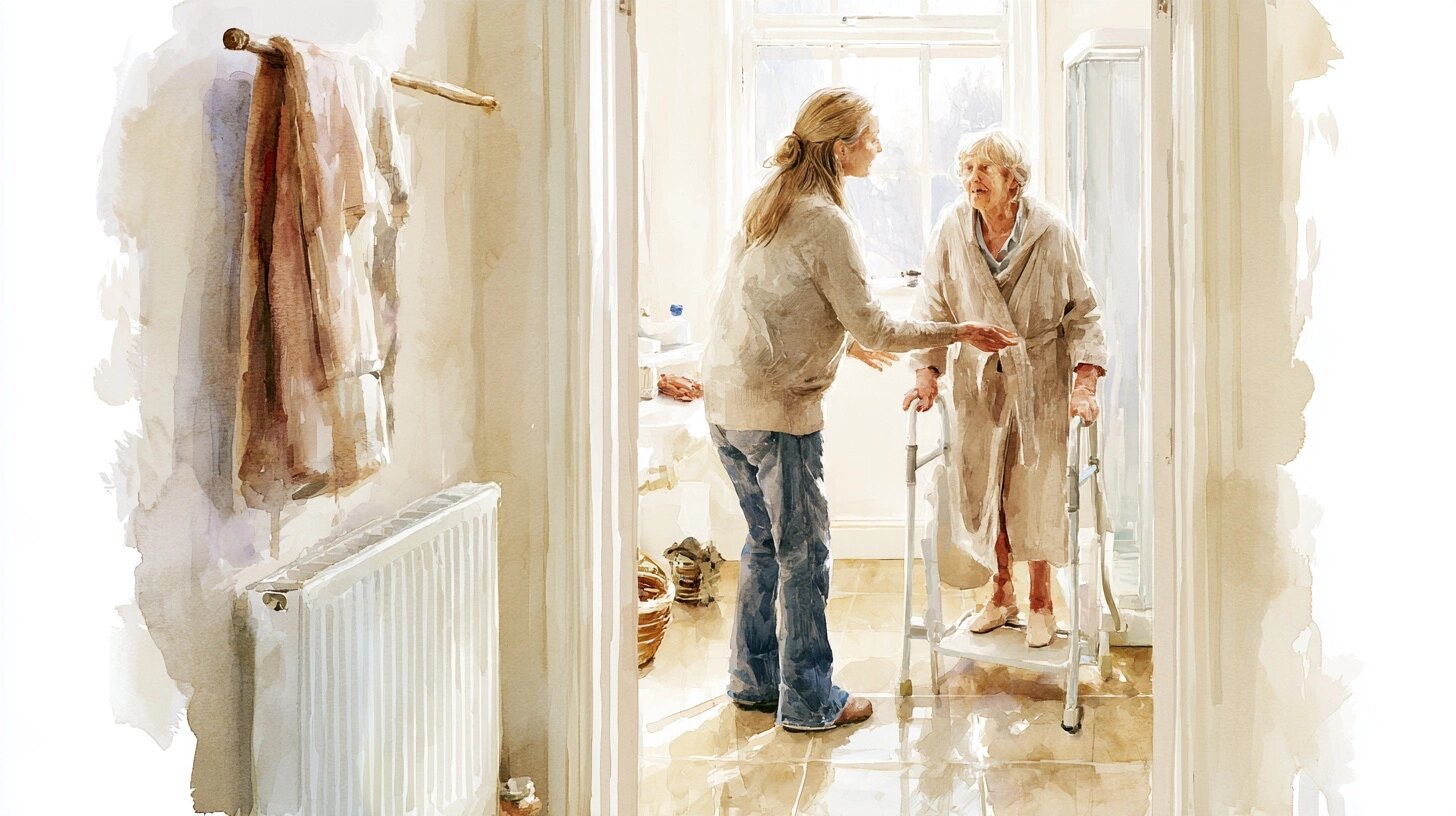 A towel warming on the radiator, a daughter helping her elderly mother in a dressing gown to a shower chair, in a bright bathroom doorway