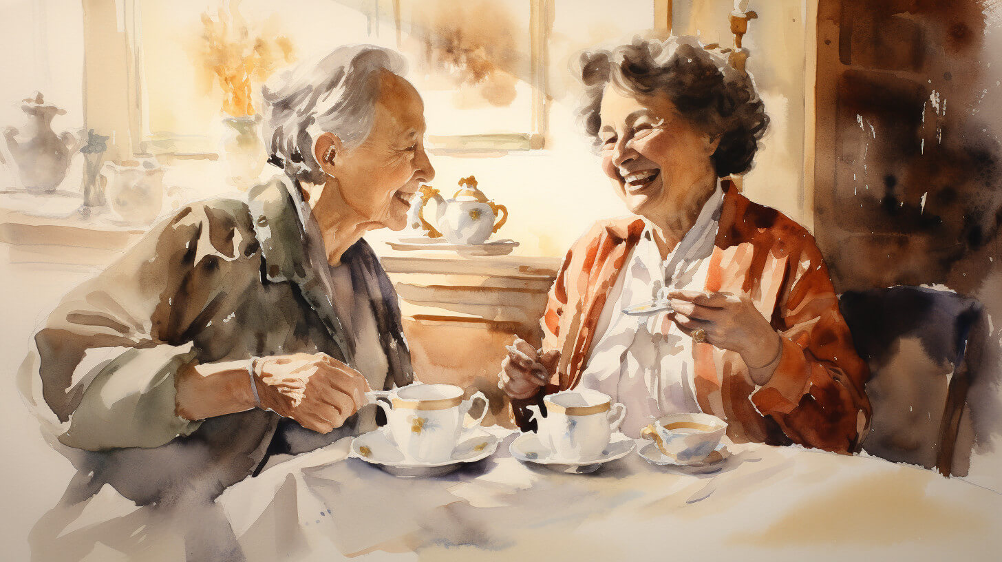 Two women sitting together over tea, laughing