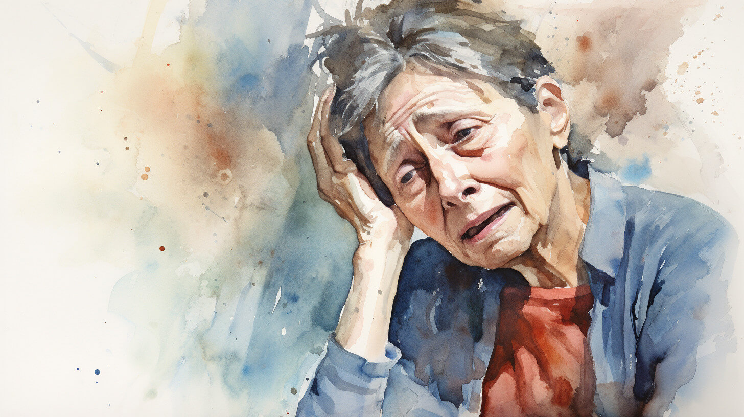 An older woman holding her head in her hand, looking exhausted and overwhelmed