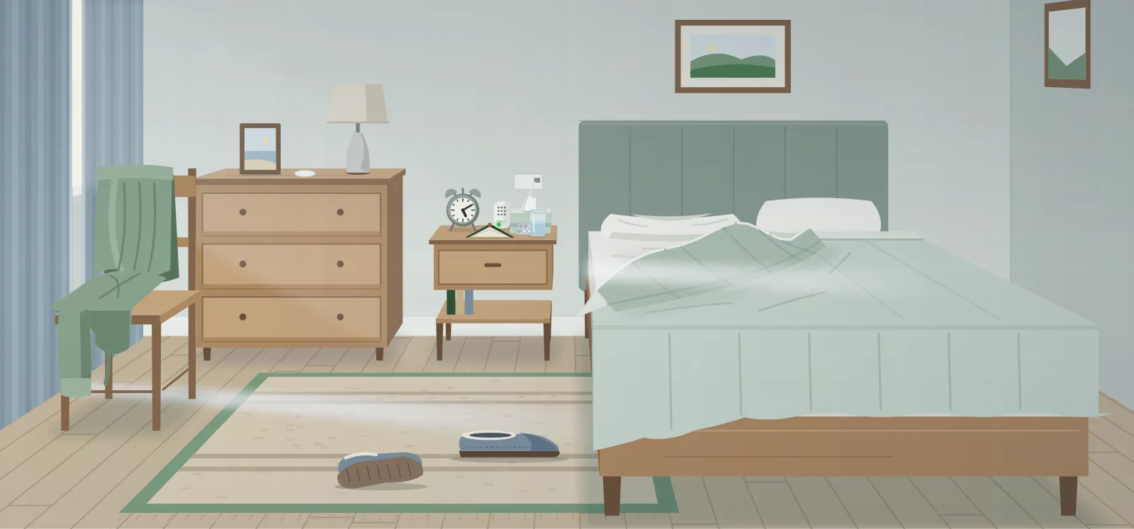 An unmade bed in a dim bedroom, with an alarm clock, tissues, medicine and a glass of water crowded on the bedside table and slippers left on the rug