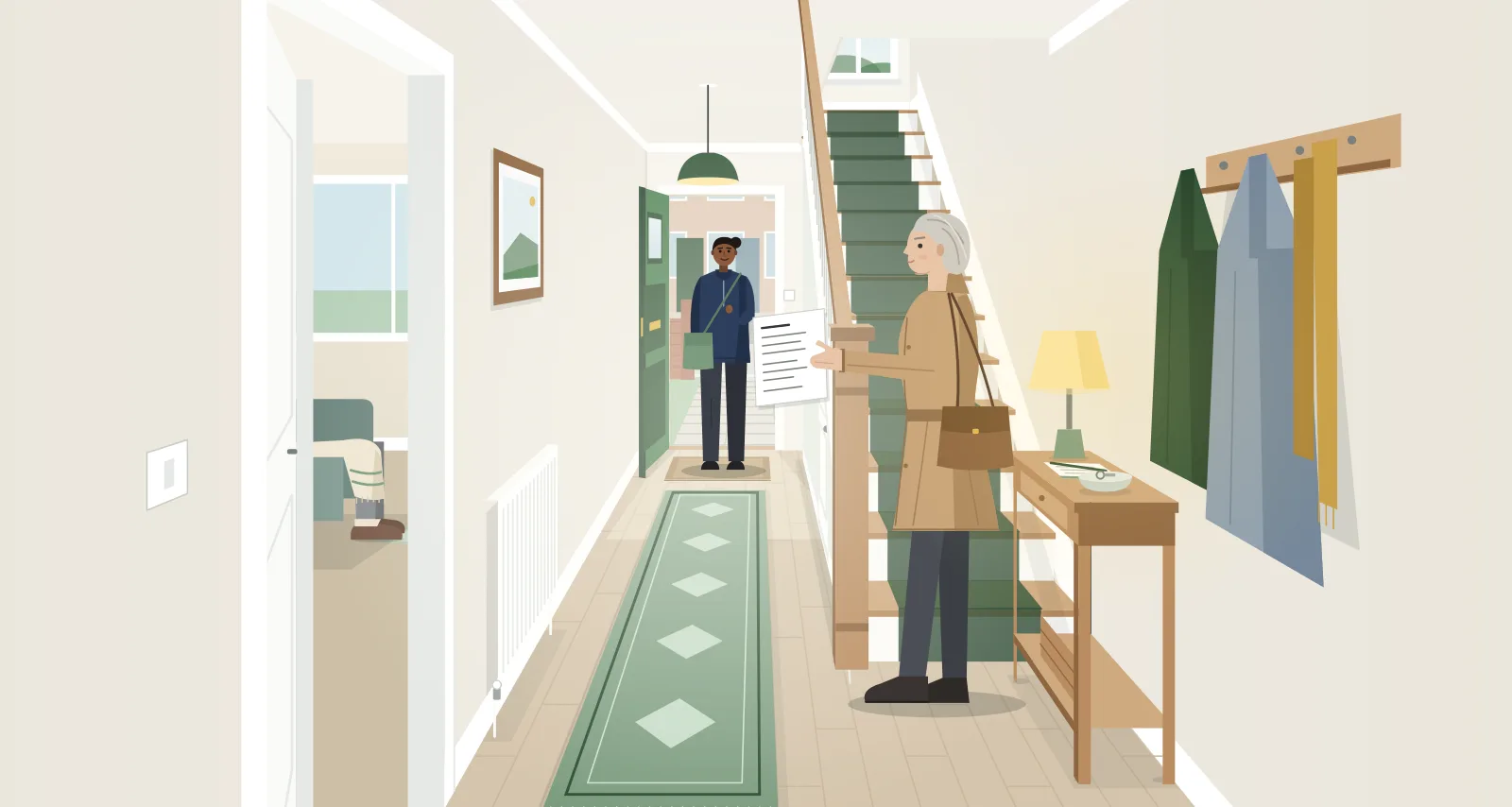 A carer arriving at the front door of a house while an older woman in her coat, with her handbag on her shoulder, hands her a written note in the hallway