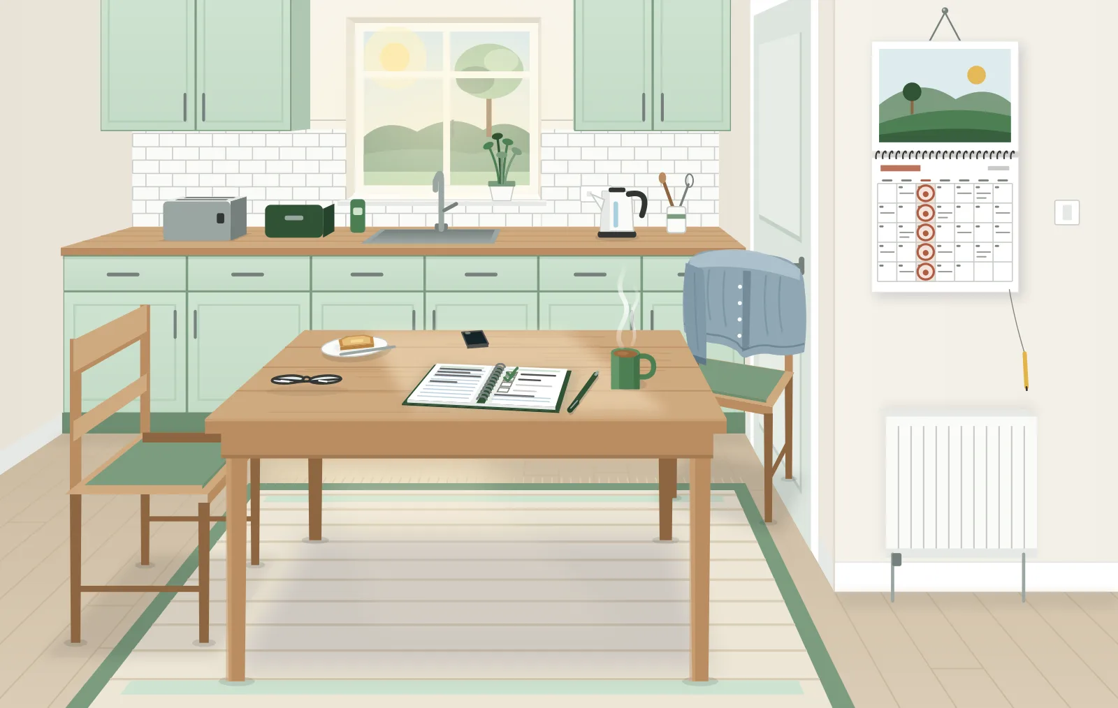 A kitchen table with an open planner, a pen and a mug of tea, and a wall calendar beside it with the same day ringed in every week of the month
