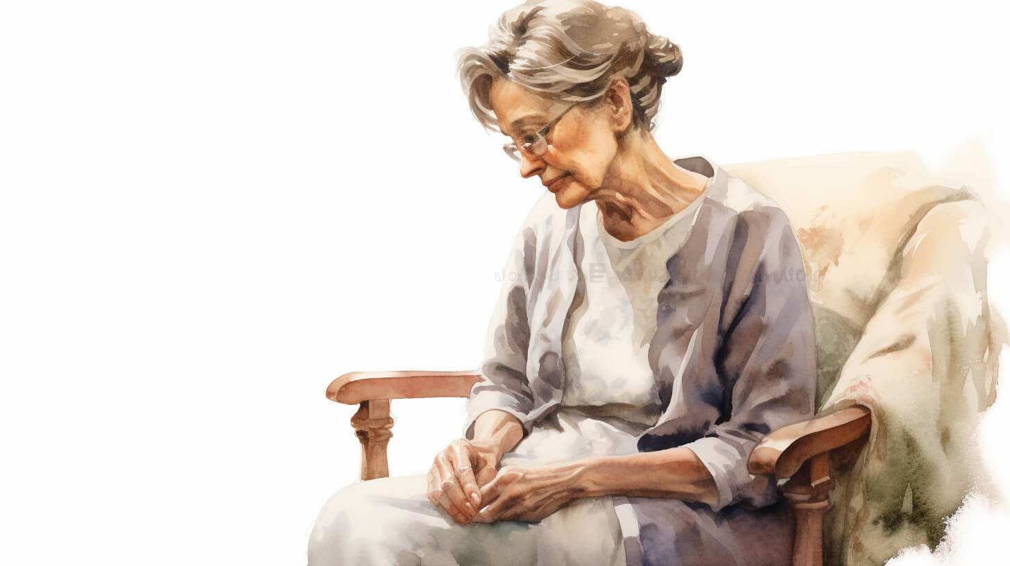 An older woman sitting alone in an armchair, looking down at her clasped hands