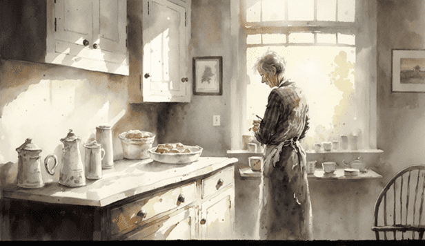 An older woman standing alone at a kitchen window, a tray of scones cooling beside her