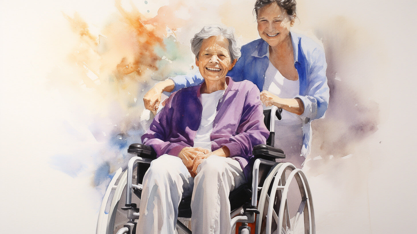 A daughter standing behind her mother's wheelchair with a hand resting on her shoulder, both smiling