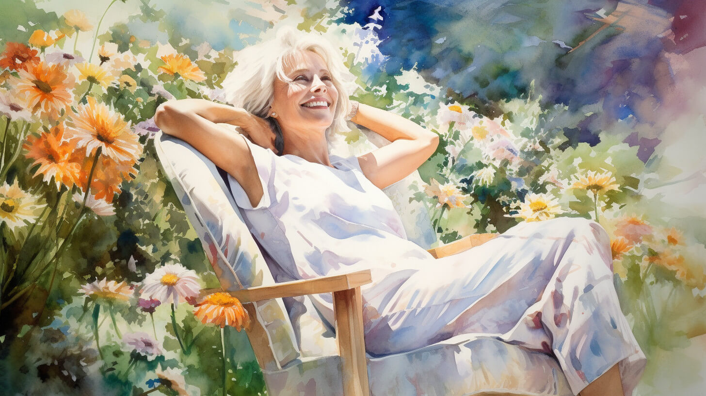 An older woman relaxing back in a garden chair among flowers, smiling with her hands behind her head