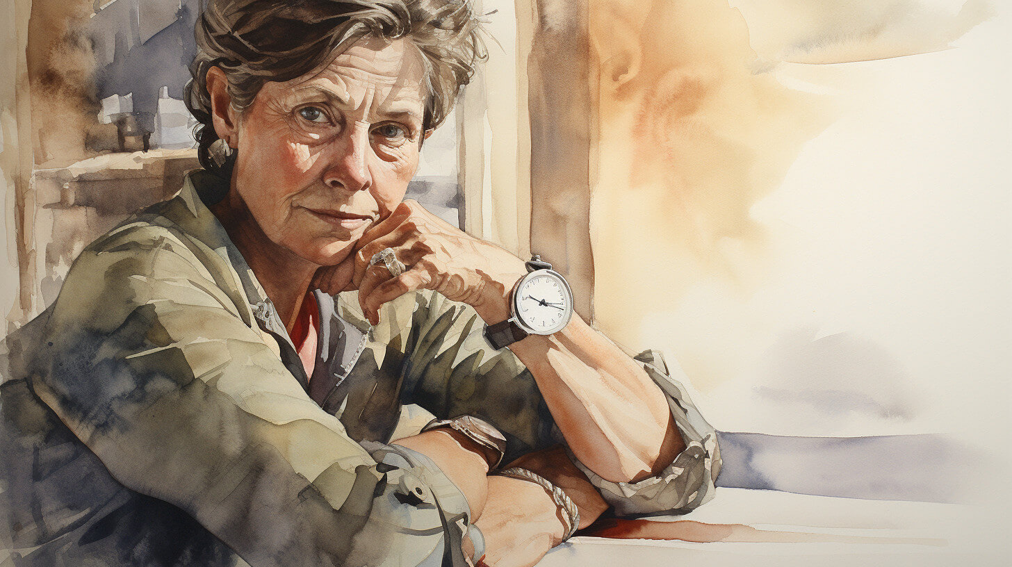 A tired-looking woman resting her chin on her hand by a window, a watch visible on her wrist