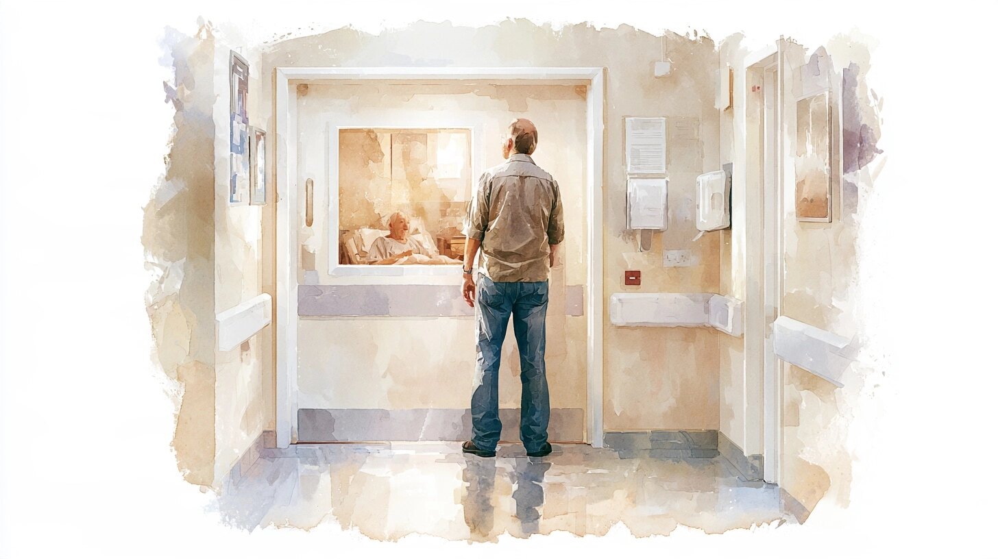 A middle-aged man standing alone looking through the window of a door at his elderly father in bed, in a hospital corridor