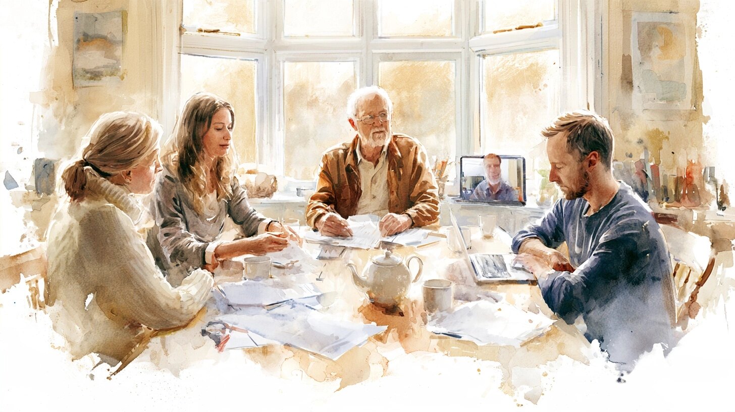 An elderly father at the head of a dining table with his grown-up children around him, one son joining on a laptop