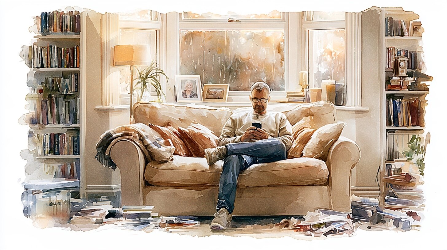 A man on his sofa in the evening reading a message on his phone, a photograph of his mother on the shelf