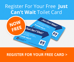 Two Just Can't Wait toilet access cards produced by Bladder & Bowel Community