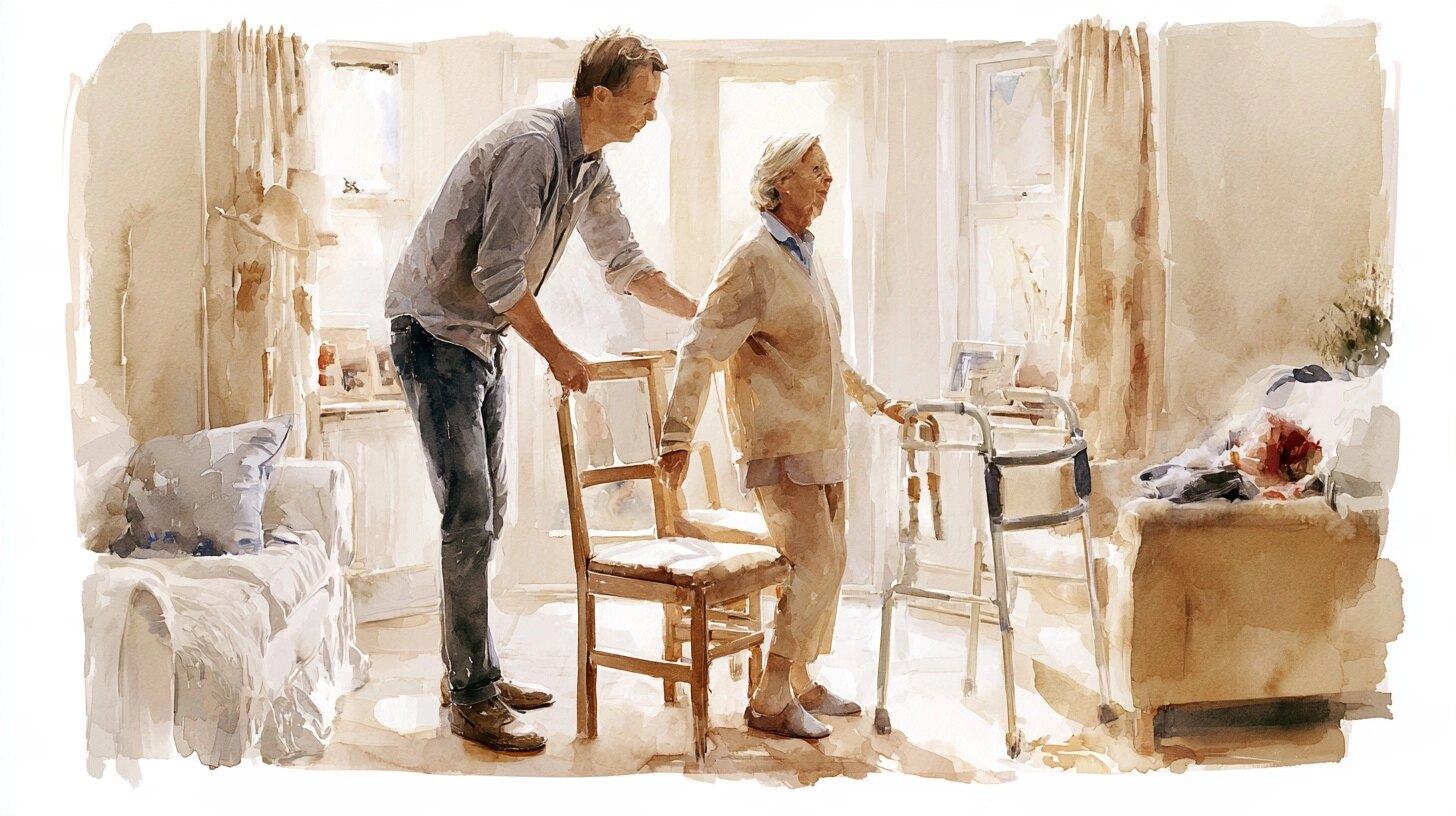 A middle-aged son helping his elderly mother stand up from a chair, a walking frame beside her, in a sitting room