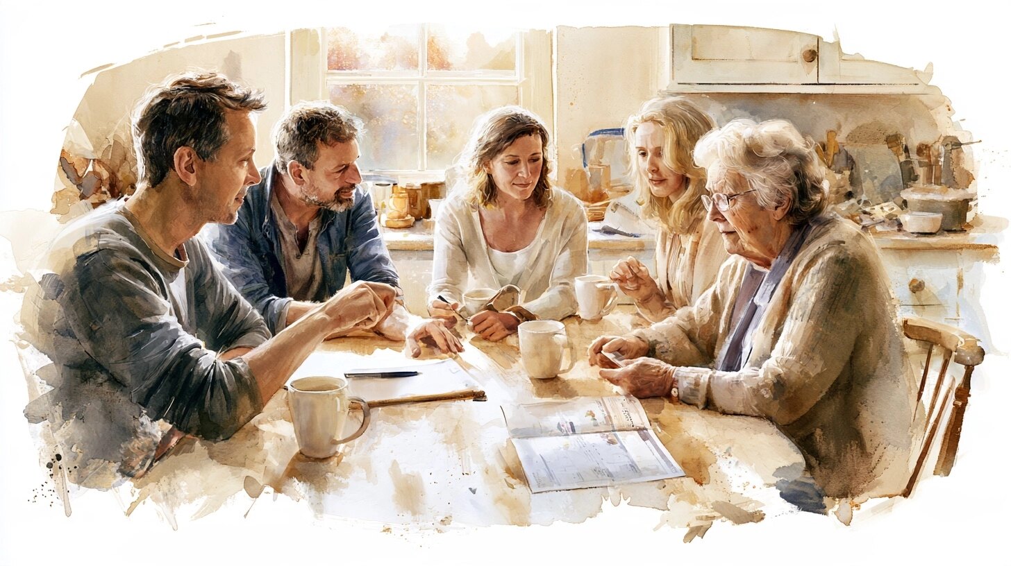 Three grown-up brothers and sisters and their elderly mother around a kitchen table with a notepad and a paper calendar