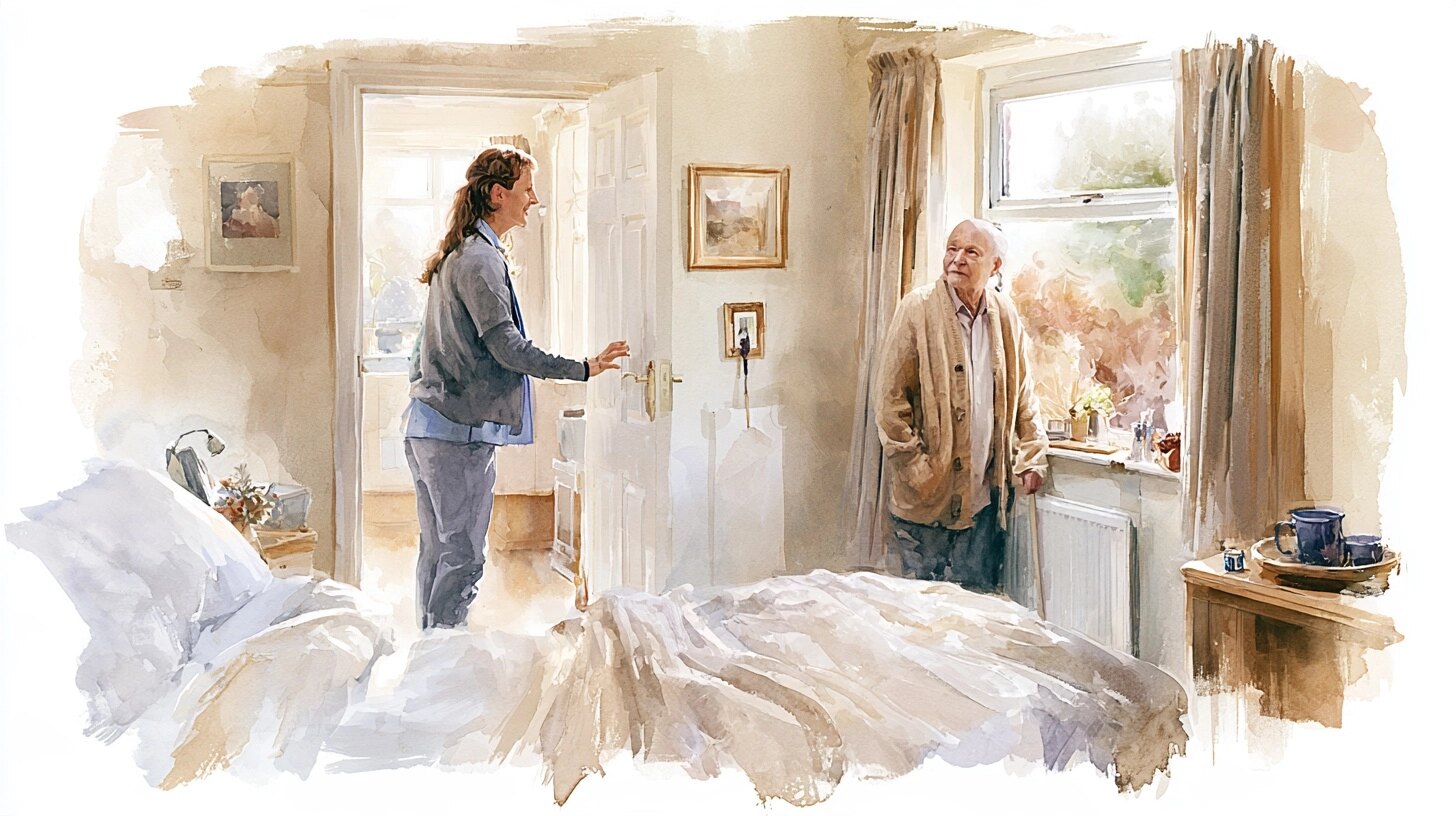 A carer knocking gently on an open door before entering, an elderly man in a cardigan by the window, in a bedroom