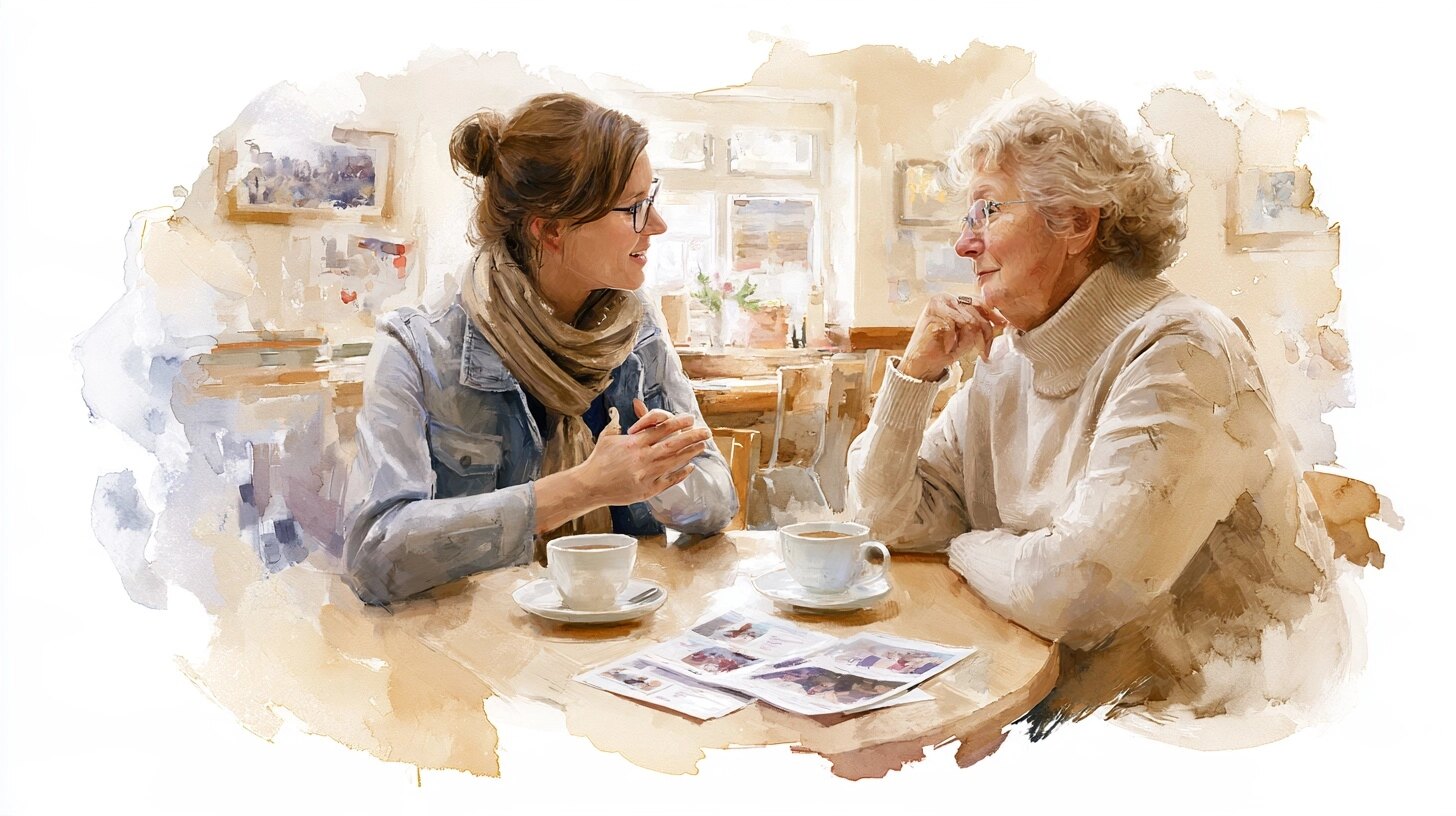 A carers' support worker talking with a middle-aged woman over tea, leaflets on the table, in a community centre