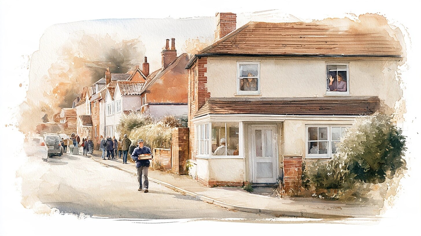 A neighbour carrying a casserole dish to the door of an elderly man, his daughter waving from the window, on a village street
