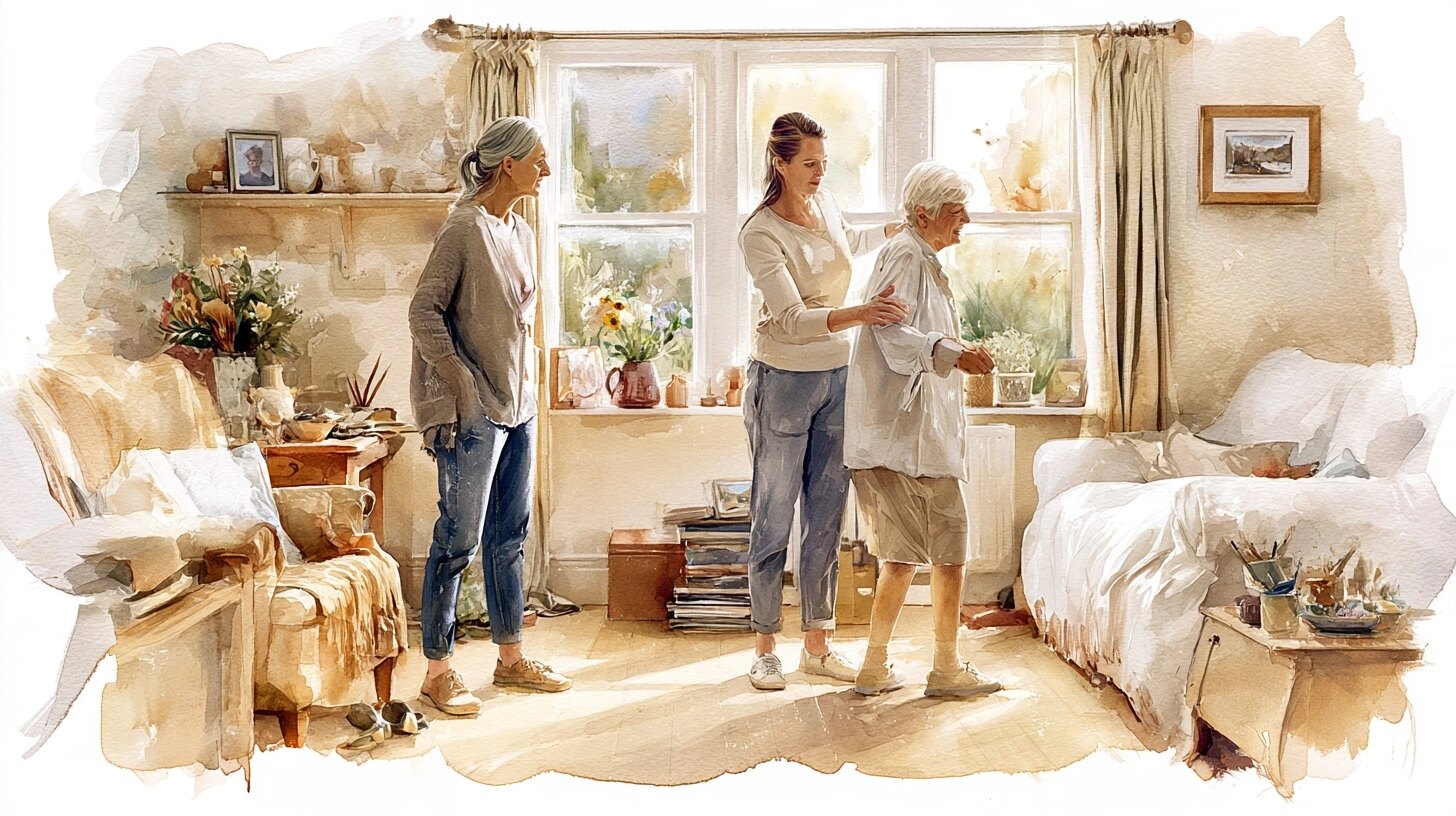 A middle-aged daughter watching as a carer helps her elderly mother to stand, in a sitting room