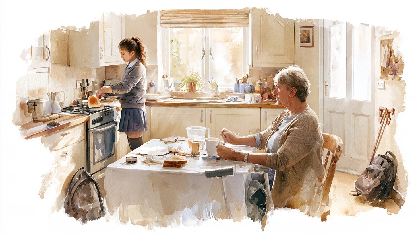 A teenage girl in school uniform makes toast and tea for her mother, who sits at the kitchen table with a walking stick, her school bag by the door