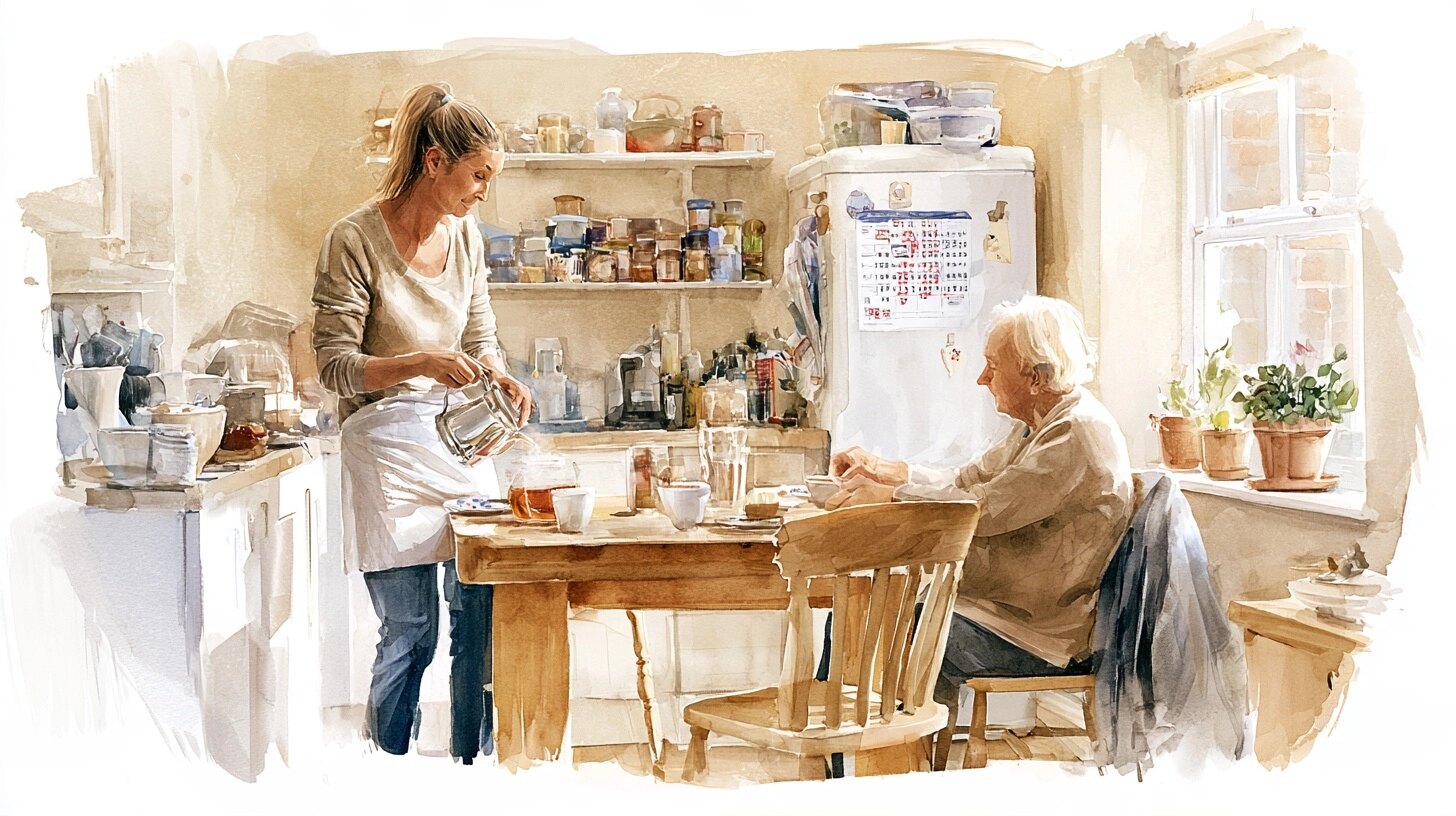 A middle-aged woman making tea for her elderly mother at the table, a list of phone numbers pinned to the fridge, in a kitchen