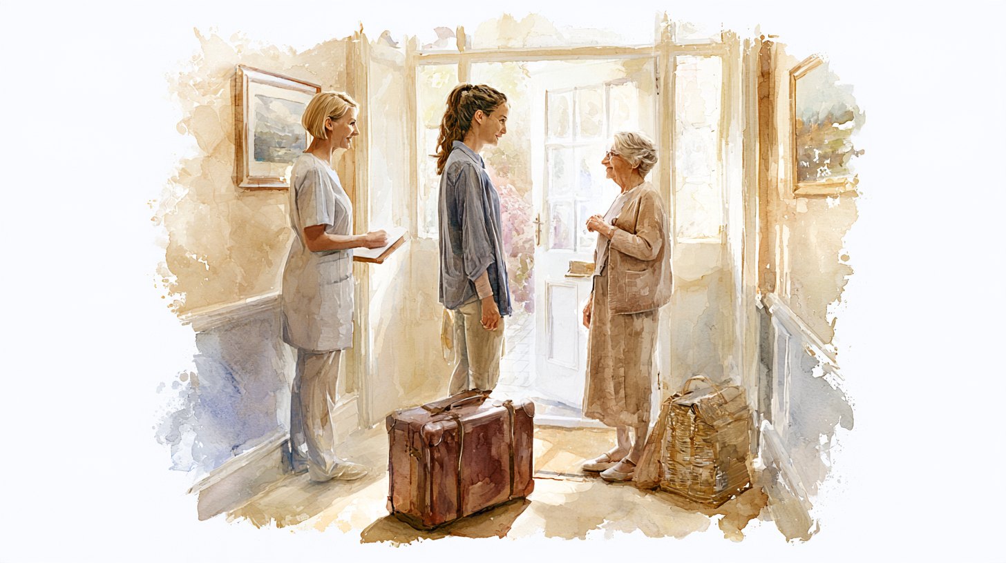 A daughter with a suitcase at the front door saying goodbye to her elderly mother, a carer standing with them in the hallway