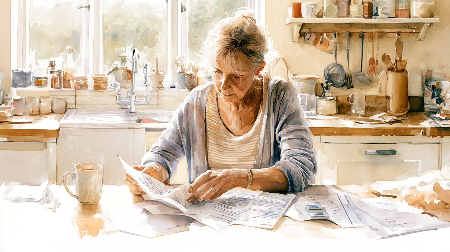 A woman at a kitchen table reading a council form, letters spread out and a mug of tea beside her
