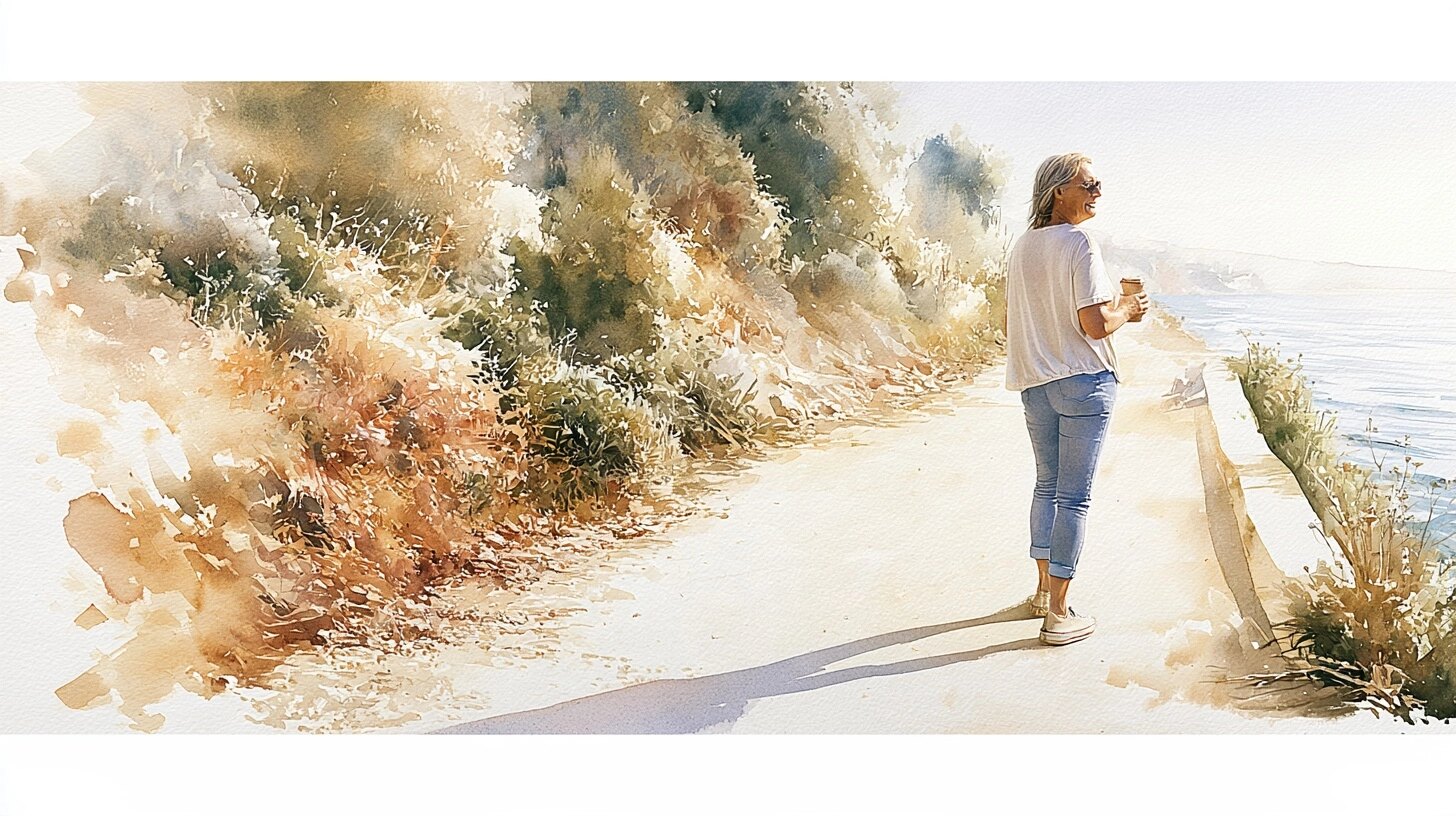 A middle-aged woman walking alone with a coffee, looking out to sea, on a seaside path