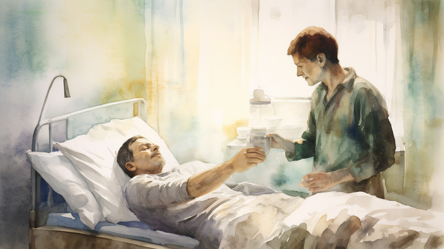 A man sitting up in bed being handed a drink by someone at his bedside