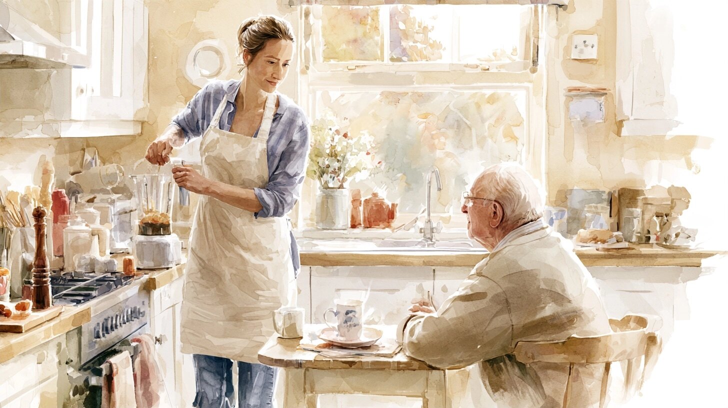 A carer blending soup while an elderly man waits at the table with a special cup, in a kitchen