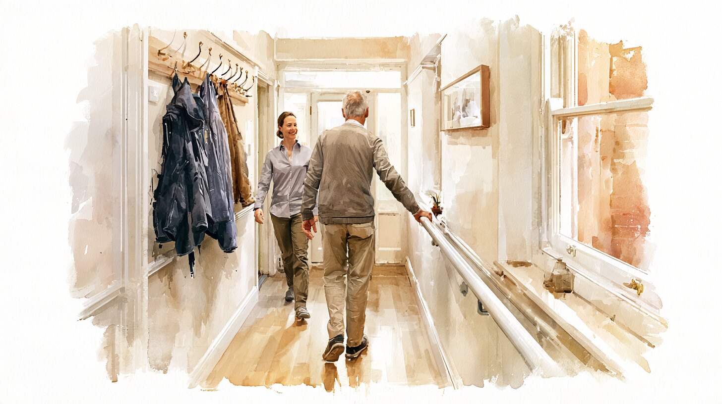 An older man practising walking along his own hallway with one hand on the rail and a carer beside him