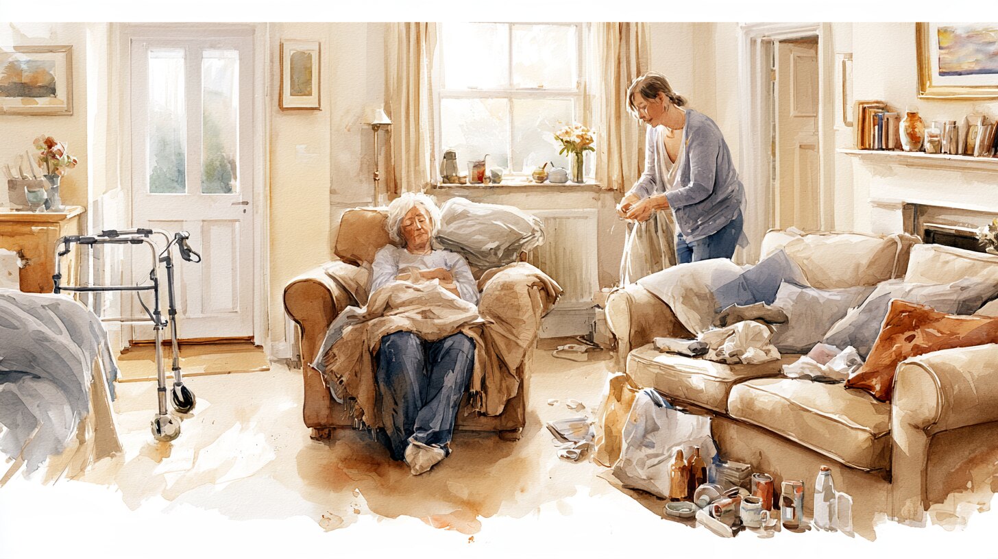 An older woman home from hospital resting in her armchair while her daughter unpacks a bag, a walking frame near the door