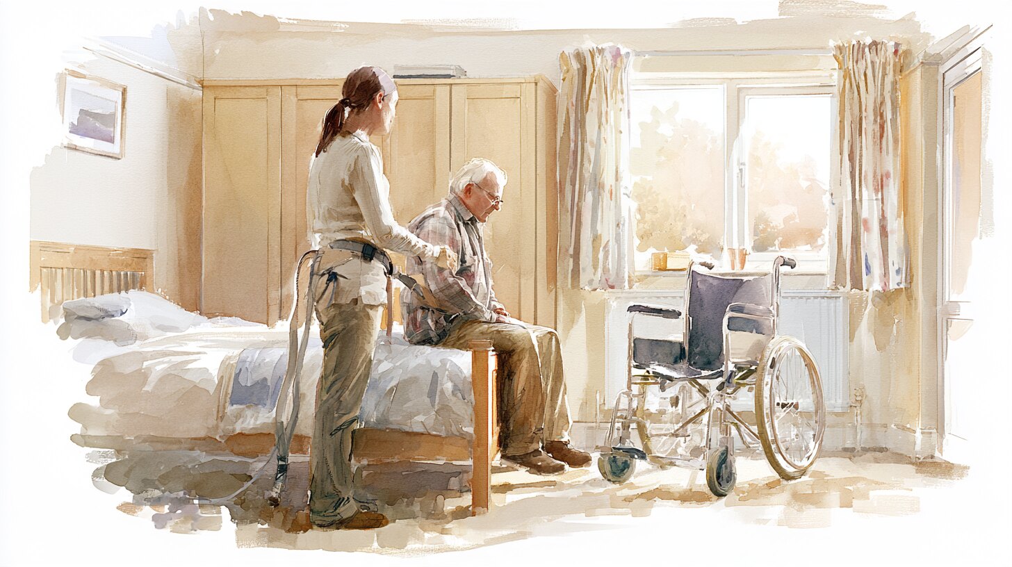 An older man sitting on the edge of his bed ready to stand, a carer at his weaker side with a handling belt and a wheelchair waiting