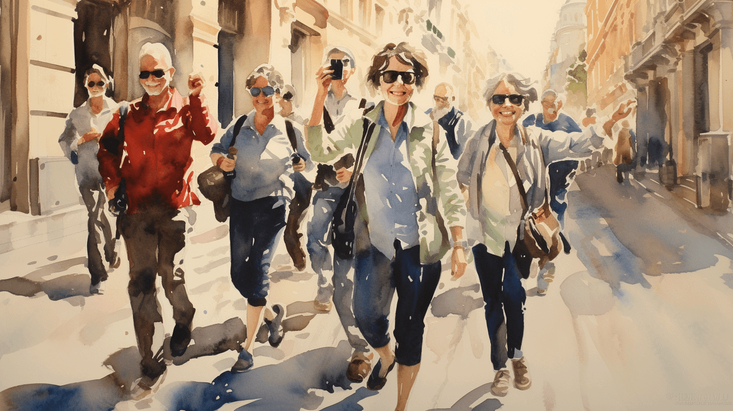 A woman walks down a sunny city street with a small crowd around her, one of them holding up a phone to take her picture