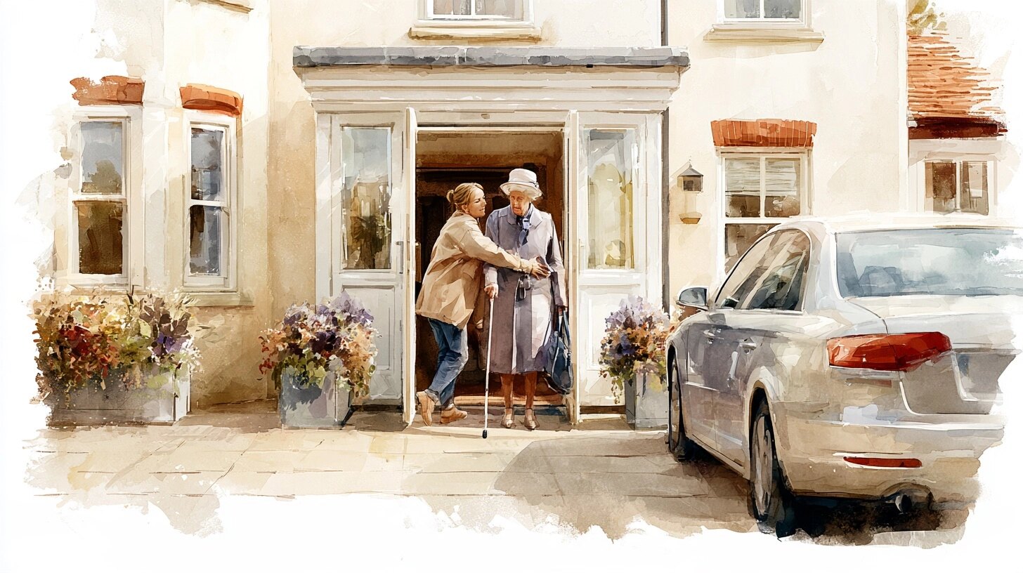 A granddaughter helps an older woman in a smart coat and hat from a care home doorway to a waiting car
